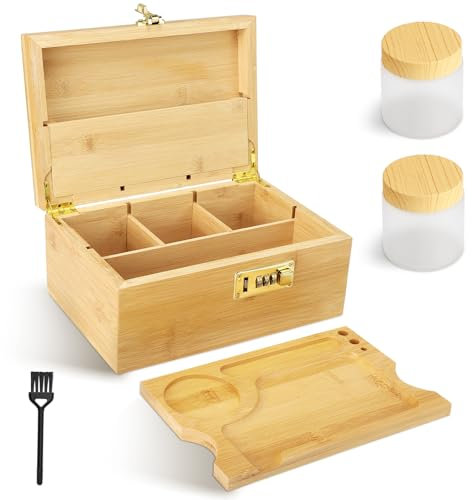 LIFEJXWEN Scatola in bambù con serratura a combinazione, set di stoccaggio in legno, 2 bicchieri + spazzole + tubi di immagazzinaggio vassoio in legno per erbe e accessori (colore legno)