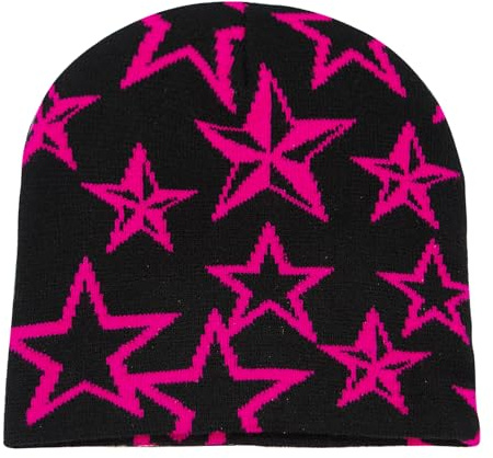 YAMEIZE trendig mössa Y2K stjärnmönster – stickade mössor för kvinnor män mössa mjuk elastisk slouchy stickad mössa vinter skalle keps utomhus, Svart rosröd, one size