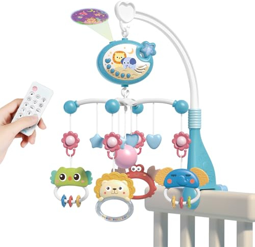 Aolso Móvil Musical para Cuna de Bebé,Colgante Para Cochecito Con Campana,Mando a distancia Móvil de cuna con proyección & Función de tiempo,Bebé Móvil para Cuna,Sonajeros para animales, Estrella-Azul