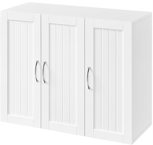 Yaheetech Kitchen Wall Cabinet with 3 Doors, Wall Mounted Medicine Cabinet with E1 MDF and Adjustable Shelf, Bathroom Storage Cupboard for Living Room, Hallway and Laundry, White