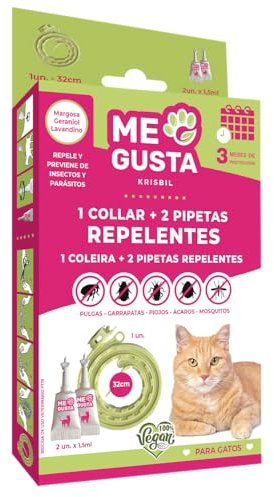 ME GUSTA Pack de Collar y Pipetas Repelentes para Gatos | Incluye 1 Collar y 2 pipetas | Repele Todo Tipo de Insectos