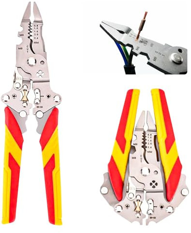 Pelacables Electricista Pelacables Automático 12-en-1 Pelacables Multifunción Ajustable Pelacables con Comprobador de Tensión Alicates Electricista Alicates Pelacables para Pelar y Cortar (rojo)