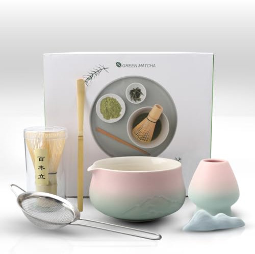 Set Matcha 6 piezas – Cuenco Matcha degradado rosa-verde con boquilla, batidor de bambú , cuchara, tamiz, soporte y base – Juego de té japonés tradicional, ideal para principiantes y regalo