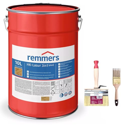 RemmersSet HK-Lasur 3in1 Plus + Pinsel Bandloo Set – Holzlasur für Außenbereich: Imprägnierung, Grundierung & Lasur in einem, Schutz vor Feuchtigkeit & UV-Strahlung, Varnish (Farblos, 10 L)