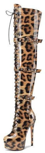 Castamere Mujer Sobre la Rodilla Aguja Heel Plataforma Botas Redonda Punta Cordones Cierre con Hebilla Cremallera Botas 15 CM Heels Leopardo Marrón 38 EU