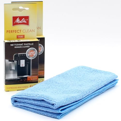 8 Rengöringstabletter för Helautomatiska Kaffemaskiner + Mikrofiberduk kompatibel med Melitta Perfect Clean Tabs, Avanza, 8 Tabs x 1,8 g, Rengöringsflik för Espressomaskin, Tillbehör