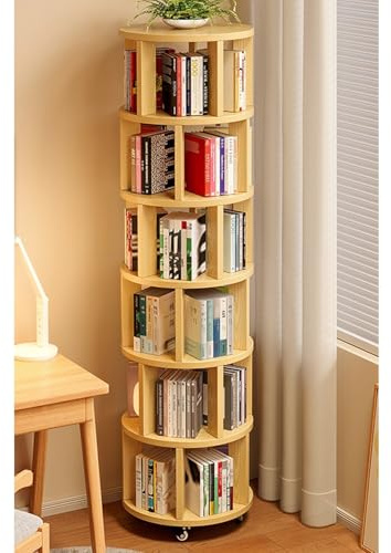 Étagère Tournante 6 Niveaux, Bibliothèque Rotative 360° Tablettes Réglables en Bois Massif, Meuble Étage Rangement pour Salon, Étagère Étroite pour Espaces Réduits(Wood Color)