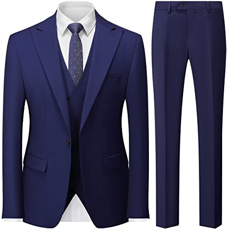 KUDMOL Costume Homme 3 Pièces Mariage Business Slim Fit Smoking à Un Bouton à la Mode Blazer Veste et Pantalon Gilet à Double Boutonnage(Bleu Marin,XXL)