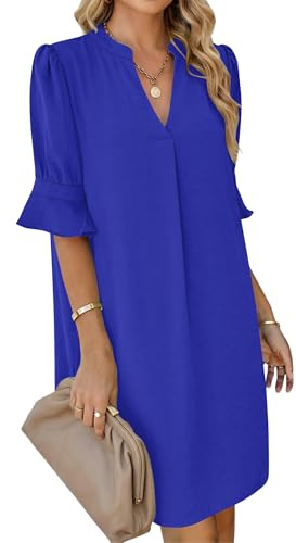 AUSELILY Robe Chemise Femme Été Col en V Manches Volantées Robe Courte | Robe Chemise Femme Été Chic et Élégant, Col Montant V, Manches Volantées, Coupe Ample Courte avec Poches