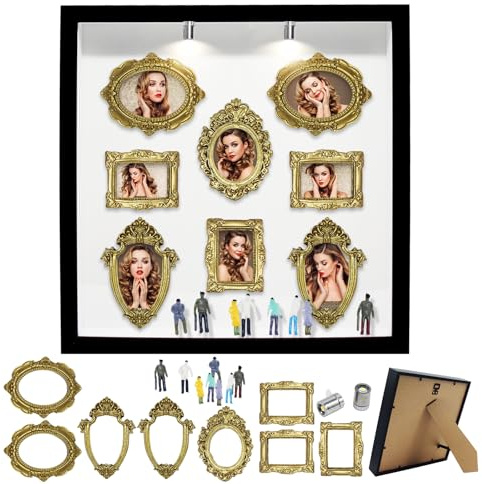 HASAIKA® Mini cornice da museo, Kit Cornice Scatola Ombra, 8 mini cornici per foto + 8 figure casuali, con illuminazione LED incorporata, regalo creativo per la casa (Nera)