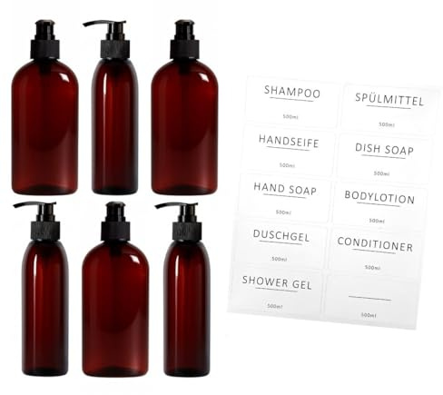 ISOLATECH Set med 6 Dispensrar 500ml för Badrum Ovala PET-Flaskor | i Brunt med Svart Pump - Påfyllningsbara för Duschgel, Schampo och Bodylotion - med 10 Etiketter