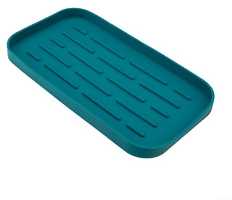 Supporto per spugna in silicone con vassoio di scarico per lavello da cucina, resistente al calore e design rialzato per evitare il trabocco d'acqua (blu)