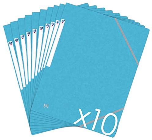 Oxford Top File + - Lote de 10 carpetas de cartón con 3 solapas, formato A4, cierre con elásticos, color azul claro