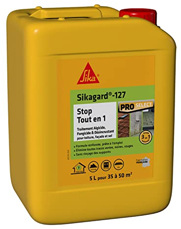SIKA - Traitement algicide et fongicide - Sikagard 127 Stop Tout en 1 - Désincruste les algues vertes, rouges, lichens, traces noires - Multisupports - Toiture, façade, sol - Prêt à l'emploi - 5L