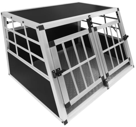 Jaula de Transporte de Coche para Mascotas Caja de Viaje de Aluminio Trapezoidal Transportador de Perros Gatos Cachorros 2 Puertas 50 x 89 x 69cm | Alfombra de Plástico Lavable INCLUÍDA