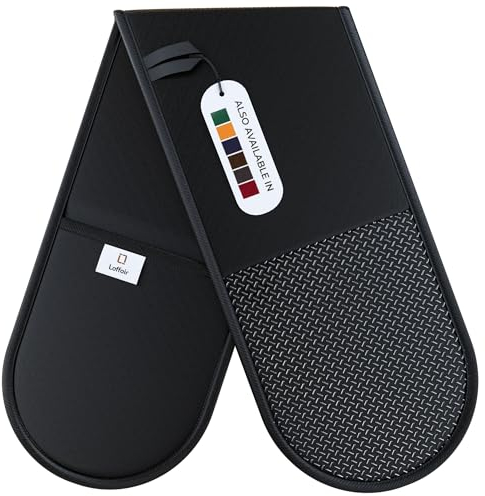 Laffair Guantes de doble horno resistentes al calor, color negro, antideslizante, moderno guante de horno y agarradera para cocinar en el hogar, máxima protección contra el calor