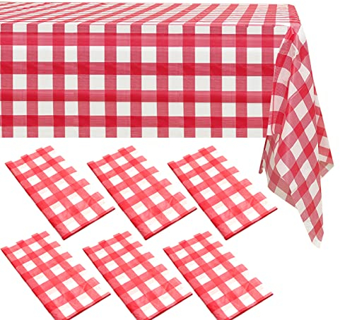 6 Packs Red Gingham Checkered Table Cloth Party | 54x108 inch | Red Plastic Disposable Table Cover Party | White Plastic Tablecloth | Party Table Clothes for Parties BBQ Picnic Birthday Wedding