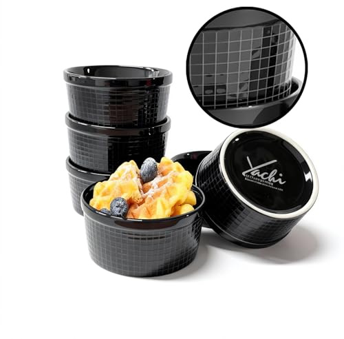 Yachi Black Ramekins 8oz 4.15 inch Set of 6, Oven Safe custard cups, Side Dishes, bouillon cups, salsa bowls, Baking Souffles Ceramic Ramekin