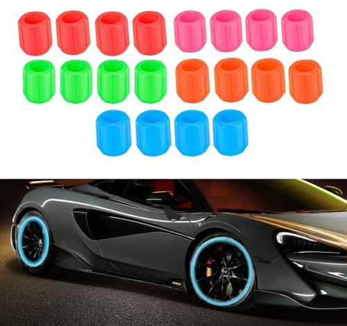 Toulifly Bouchon Valve Pneu Voiture Fluorescent, Capuchons Tige Valve Pneu, Universel Capuchons Lumineux Couverclec Pneu, Valve de Pneu Anti-Poussière, pour Camions, Voitures SUV, Motos, 20 Pcs