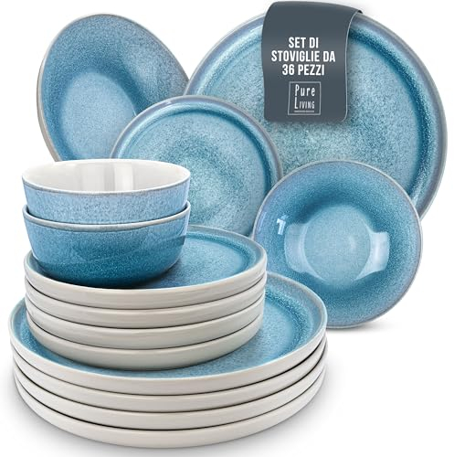 Steingut Geschirrset 12 Pers. Ibiza 36-tlg Hochwertiges Mediterranes TEST SEHR GUT Steingut Geschirr Set - Schüssel- und Teller Set - Tafelservice 12 Personen Geschirrsets Pure Living in Blau