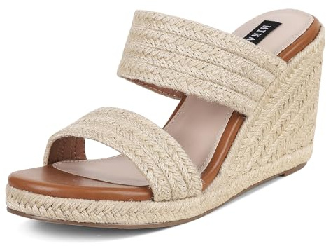 mikarka Slip On Wedge Sandals for Women Open Toe Espadrilles Platform Slides Dressy High Heel Beach Summer Sandal Comfortable Wedges Shoe Mules Natural Straw US Size 7