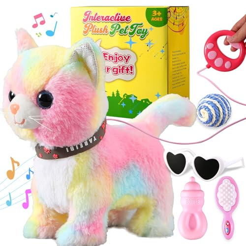 Marsjoy Ensemble de chat coloré en peluche qui chantant ce purrs et les meows - Robot en peluche animée - Peluche réaliste - Contrôle à distance - Kawai - Jouet robotique pour fille