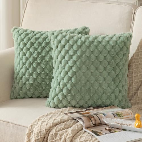 Mandioo 2er Set Salbeigrün superweichen dekorative Plüsch Kissenbezug Kissenbezüge 40 x 40 cm Wollsamt Dekokissenbezüge Kissenhülle Sofakissen Dekokissen flauschig für Couch Sofa Bett Wohnzimmer