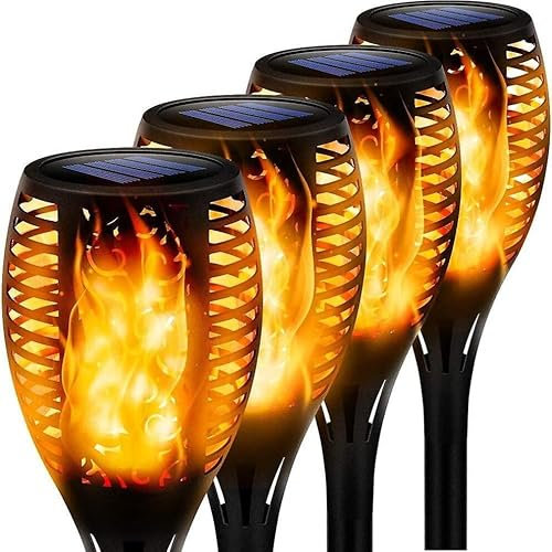 Rheme Solar Outdoor Lights 53cm Tall Flickering Flame Lights for Ambiance Auto On/Off Feature Save Energy-efficient Porch,Pathway and Landscape Decor 4 Pack