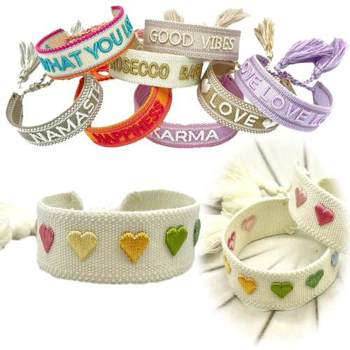 LS-LebenStil Exklusives Statement Armband - das Original - Herzen Multi Colour Bunt 16-20cm Quasten besticktes Boho Canvas Webarmband Damen Freundschaftsarmband Geschenk gewebt textil Stoffarmband
