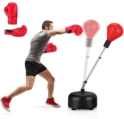 GYMAX Punching Ball with Adjustable Height Stand, Freestanding Boxing Ball with Boxing Gloves and 6 Suction Cup Base, Inflation-Free Punching Bag for Children & Teenagers & Adults (Red)
