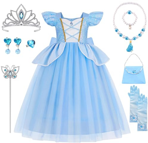 YYDSXK Robe Princesse Fille, Deguisement Princesse avec Couronne Collier Ensemble, Costume Carnaval Enfant, Deguisement Princesses pour Anniversaire Cosplay Fête