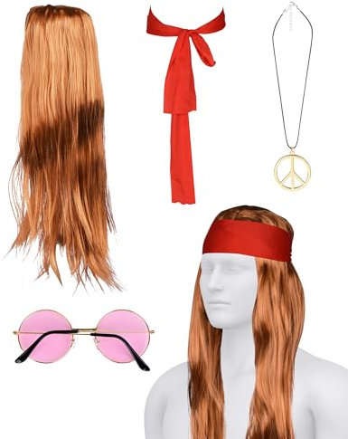 70er Jahre Hippie Kostüm Set, 4tgl. 80er Jahre Hippie Kostüm Herren Damen: Perücke, Stirnband, Halskette und Sonnenbrille, Hippie Zubehör für Themenparty Mottoparty Fasching Karneval Halloween