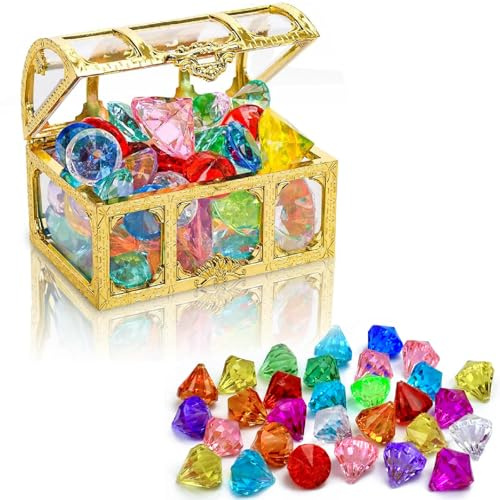 30PCS Diving Gem Pool Toy, Colourful Diamonds Set Gem with Treasure Pirate Chest Box Treasure Hunt Toy for Crafts Party Summer Swimming Toys Birthday Swimming Pool Party Christmas Easter Prizes