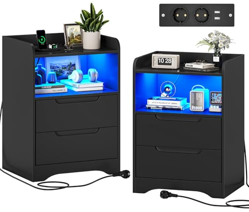 Brinlawb Set di 2 Comodino Camera da Letto con luce LED e Stazione di Ricarica (2 Prese CA, 2 Porte USB) Comodini Camera da Letto con 1 vano aperto e 2 cassetti per Soggiorno, Camera da Letto, Nero