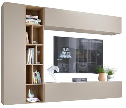 Mirjan24 Wohnwand Kodita, Anbauwand, Fernsehschrank, Schrankwand, Mediawand, Wandregal, Schrank, TV-Lowboard (Cashmere/Eiche Cremona)