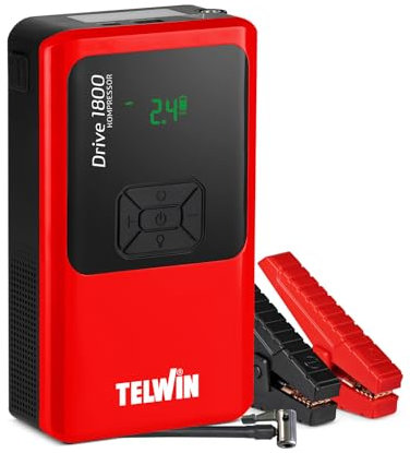 Telwin Drive 1800 Kompressor Avviatore Booster Multifunzione 12V Portatile e Ultracompatto per Auto Moto Barche con Compressore Integrato, Powerbank e Luce Led, 1800A start max