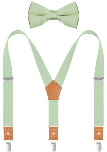 WAQXTV Kid's Suspenders and Bow Tie Set Elastic Y Back with Metal Clips 40 Inches Sage Green