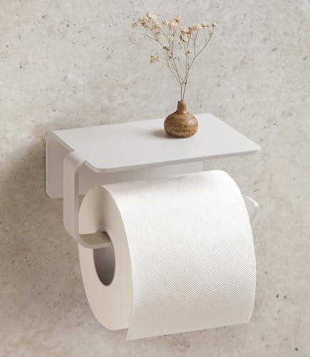 KAZAI. Toilettenpapierhalter ohne Bohren | Klopapierhalter mit Ablage zum Kleben | Klorollenhalter Bad | WC-Papier-Halterung aus Metall | Weiß