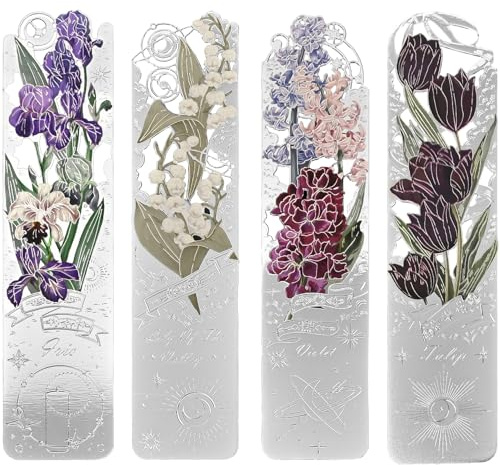 Metal Flower Bookmarks Set of 4, Silver Violet Page Markers for Women, Ideal Gift for Book Lovers, Teachers, and Students