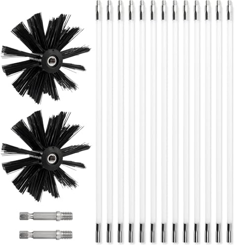 Set di spazzole per camino, 4,9 m, spazzola per canna fumaria, diametro 150 mm, spazzola per camino contiene 12 aste flessibili da 410 mm e 2 testine per spazzola, spazzola per camino, tubi