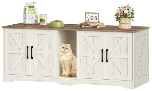Fobyfurny Mobile Lettiera per Gatti per 2 Gatti, Mobiletto per Lettiera Nascosta, Cuccia per Gatto da Interno, Legno Tavolino Laterale con Tappetino Graffiante, 140 x 50 x 55 cm, Marrone e Bianco