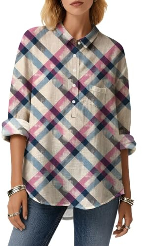 Xernbit Womens Plaid Shirt Spring Graphic Long Sleeve Collared Button Down T-Shirts Fashion Casual Loose Fit Blouse Tops Lightweight Novelty Checked Stripes XL