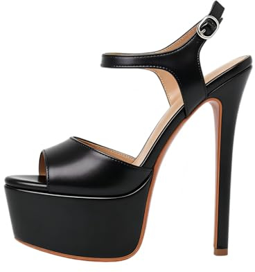 Veelau Meieer Sandali con plateau e tacco a spillo stiletto, scarpe da donna con cinturino alla caviglia regolabile, sandaletti sexy, Poliuretano nero., 46 EU
