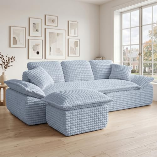 ROXGOX Boneless Sectional Sofa, Deep Seat Modular Sofa With Ottoman, 235cm Cloud Couch No Assembly 3 Seater Boneless Couch for Living Room & Apartment Grey