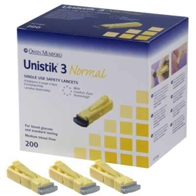 Unistik 3 AUAT1004 Single Use Safety Lancet, Normal Depth, Pack of 200