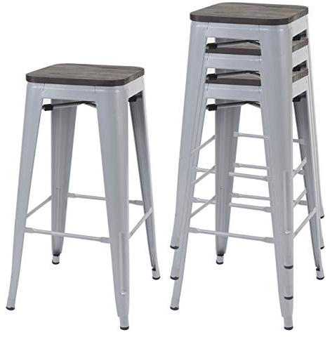 Mendler 4er-Set Barhocker HWC-A73 inkl. Holz-Sitzfläche, Barstuhl Tresenhocker, Metall Industriedesign stapelbar - grau