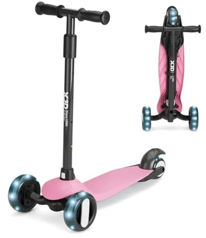 XJD Kinderroller Kinderscooter für 2-8 Jahre Kinder Scooter 3 LED Rädern Kickboard Sperrbare Richtung Kinder Roller Verstellbare Lenkerhöhe Leicht Belastbarkeit bis 50 kg (Rosa)