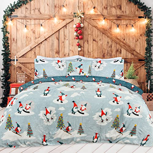 Sleepdown Ice Skating Xmas Gonk Flannel Fleece Sky Blue Multi Reversible Duvet Cover Quilt Bedding Set with Pillowcase Thermal Warm Cosy Super Soft Easy Care Bed Linen - King (230cm x 220cm)