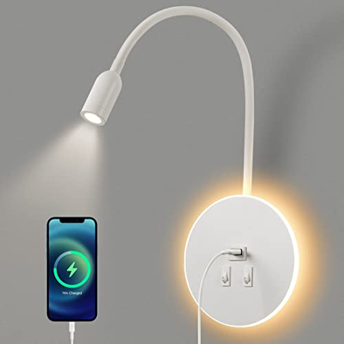 AWEKLIY Lampada da Parete a LED,Lampada da lettura flessibile da comodino a collo di cigno,con Porta di Ricarica USB,Luce ambiente camera da letto Luce notturna Faretto (3W 3000K+8W 6000K) Bianco