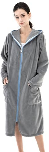 COSUSKET Women's Bathrobe, Zipper Sleepwear Nightgowns Fleece Long Sleeve Zip up Hooded Robes with Pockets House Coat Grey
